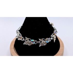 Vintage AB Rhinestone Leaf Bracelet Silver‎ Tone Floral Link Mid Century Jewelry